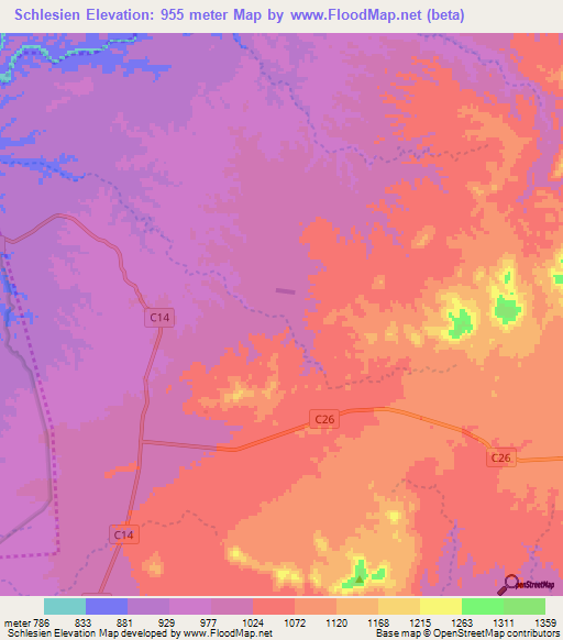 Schlesien,Namibia Elevation Map