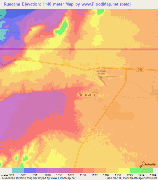 Ruacana,Namibia Elevation Map