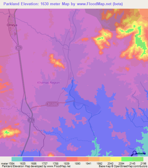 Parkland,Namibia Elevation Map