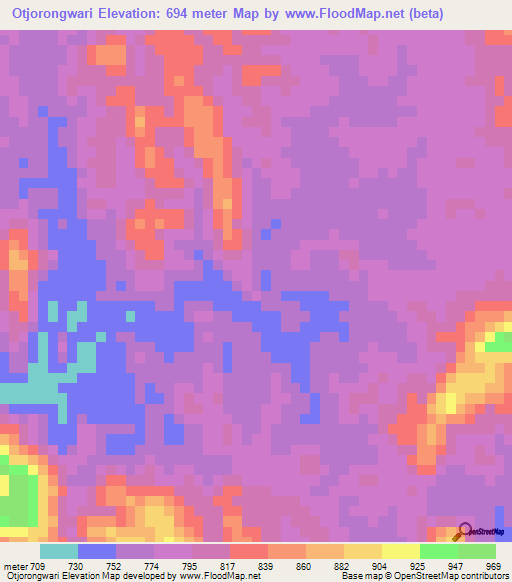 Otjorongwari,Namibia Elevation Map