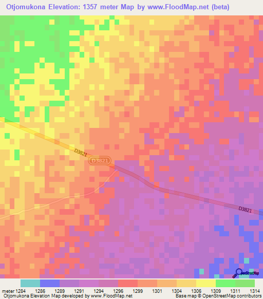 Otjomukona,Namibia Elevation Map