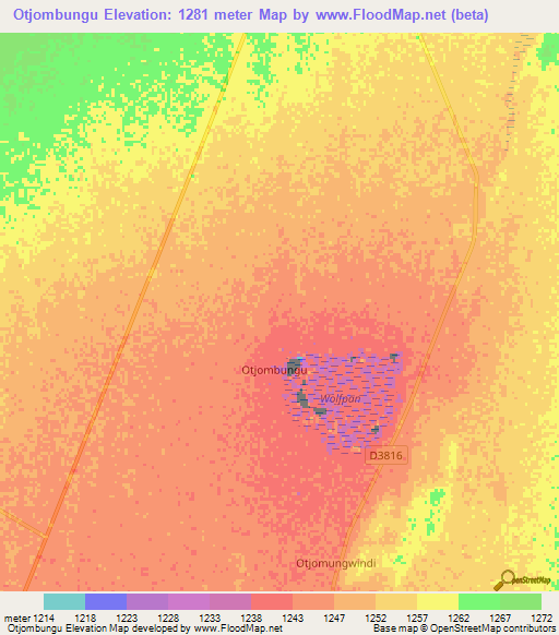 Otjombungu,Namibia Elevation Map
