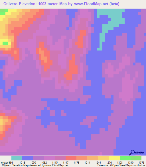 Otjivero,Namibia Elevation Map