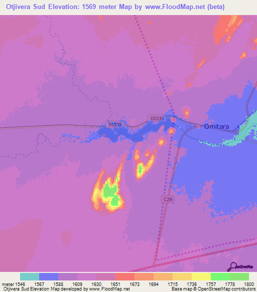 Otjivera Sud,Namibia Elevation Map