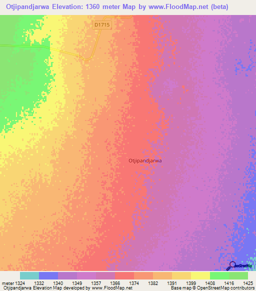 Otjipandjarwa,Namibia Elevation Map