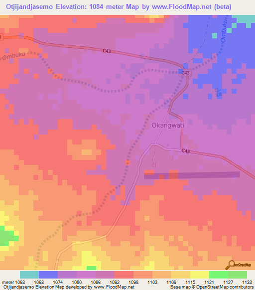 Otjijandjasemo,Namibia Elevation Map