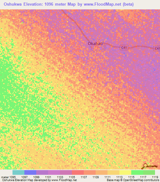 Oshukwa,Namibia Elevation Map