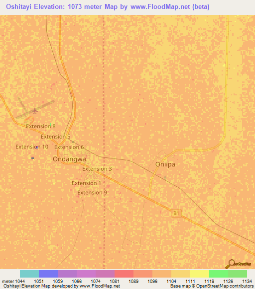 Oshitayi,Namibia Elevation Map