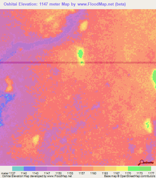 Oshitai,Namibia Elevation Map