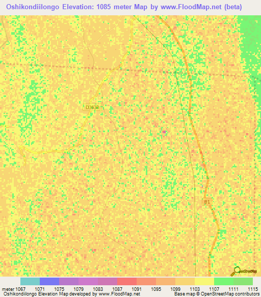 Oshikondiilongo,Namibia Elevation Map
