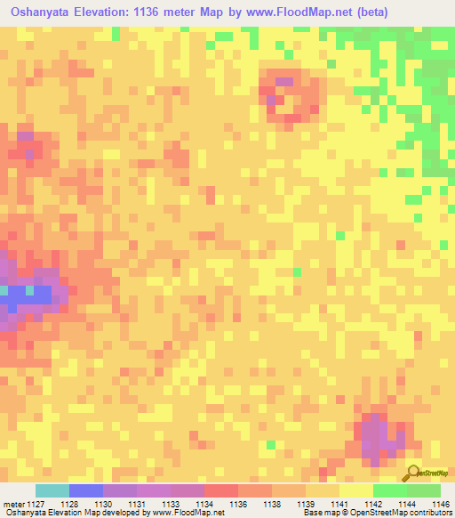 Oshanyata,Namibia Elevation Map