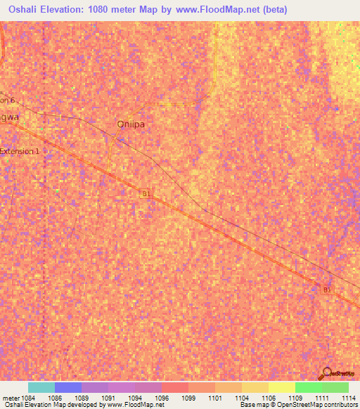 Oshali,Namibia Elevation Map
