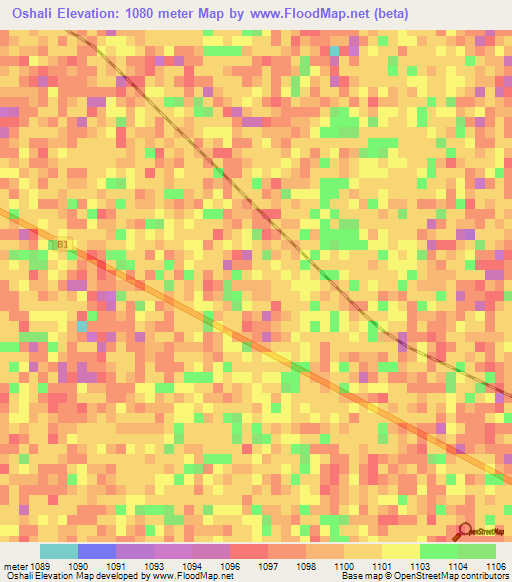 Oshali,Namibia Elevation Map