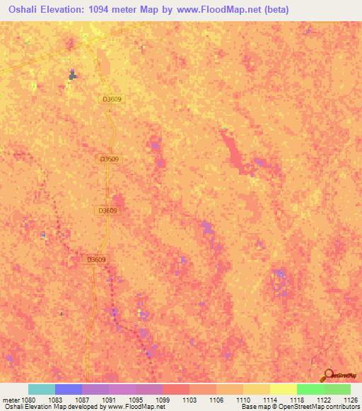 Oshali,Namibia Elevation Map