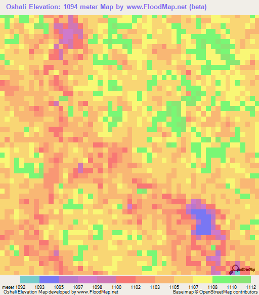 Oshali,Namibia Elevation Map