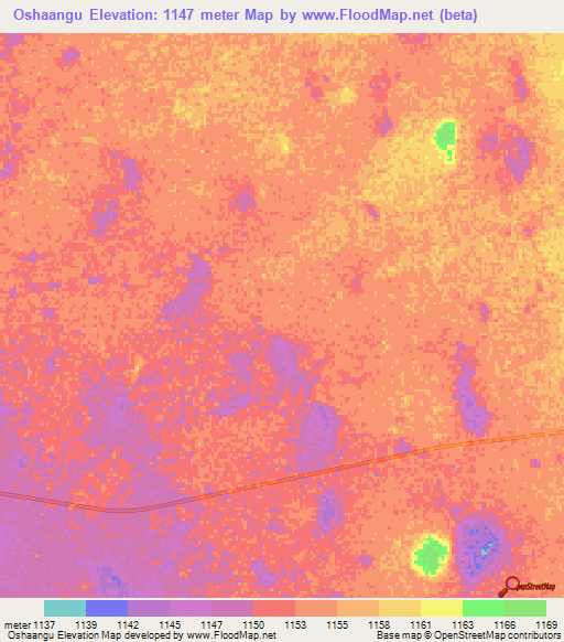 Oshaangu,Namibia Elevation Map