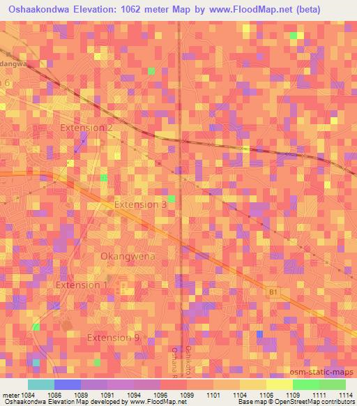Oshaakondwa,Namibia Elevation Map