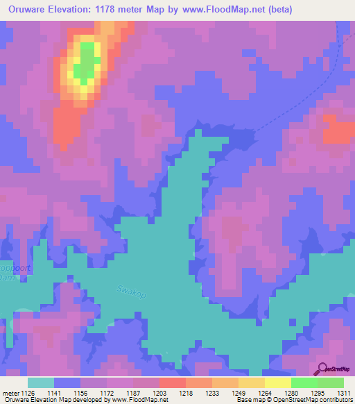 Oruware,Namibia Elevation Map