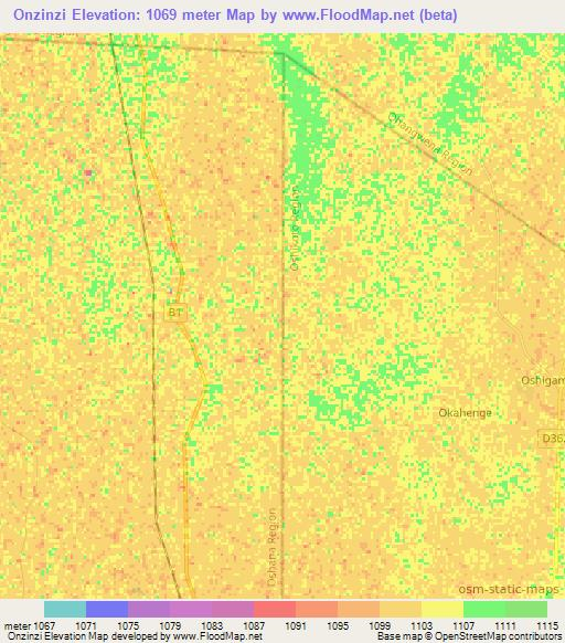 Onzinzi,Namibia Elevation Map