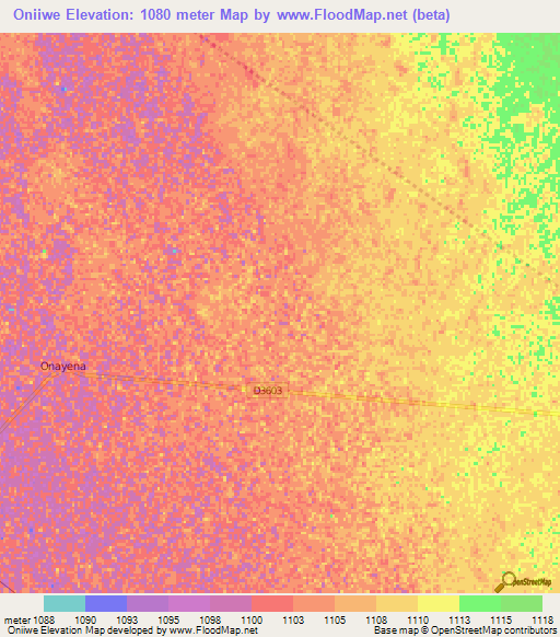 Oniiwe,Namibia Elevation Map