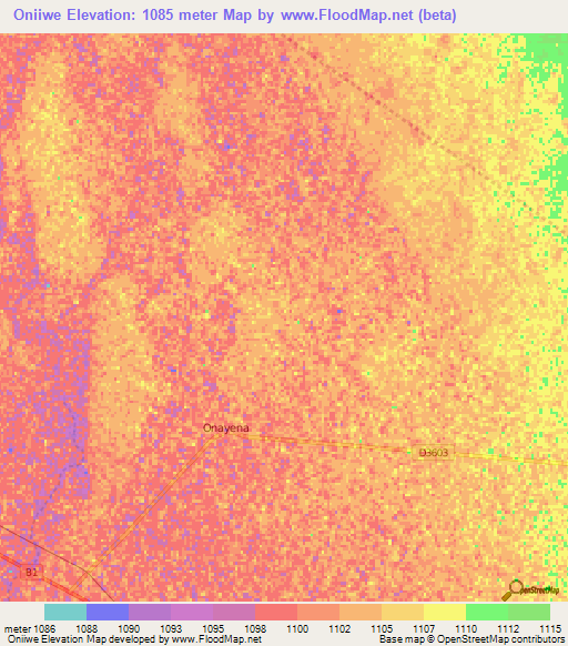 Oniiwe,Namibia Elevation Map
