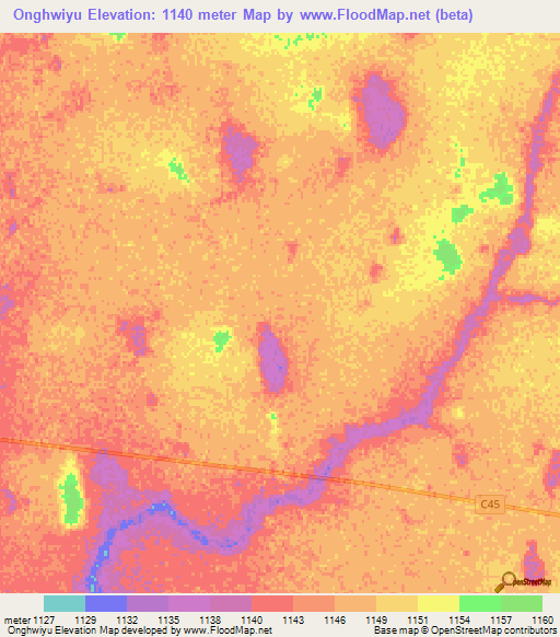 Onghwiyu,Namibia Elevation Map