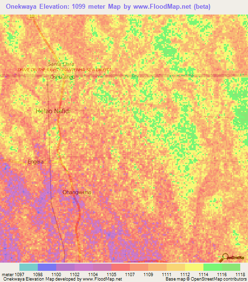 Onekwaya,Namibia Elevation Map