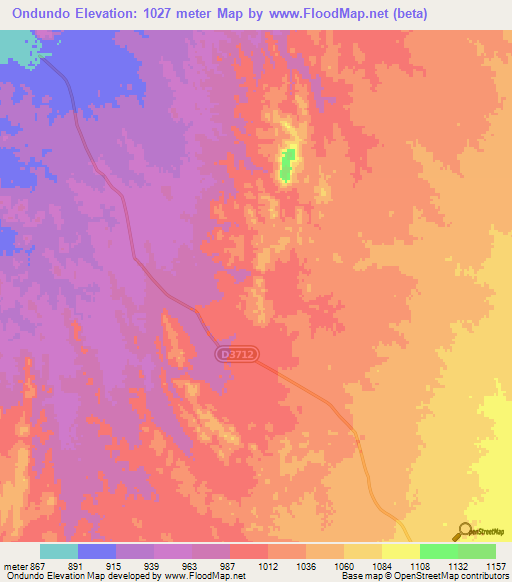 Ondundo,Namibia Elevation Map