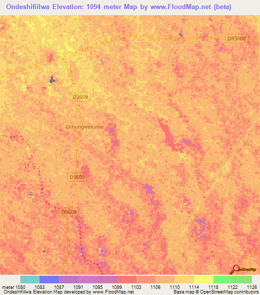 Ondeshifiilwa,Namibia Elevation Map