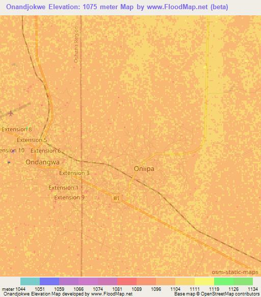 Onandjokwe,Namibia Elevation Map