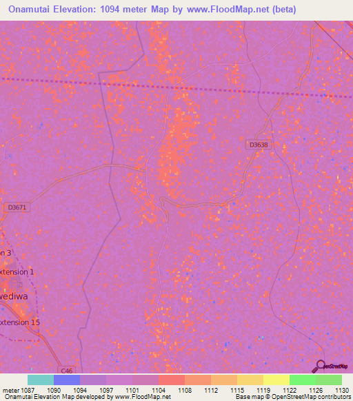 Onamutai,Namibia Elevation Map