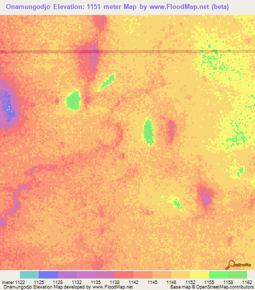 Onamungodjo,Namibia Elevation Map