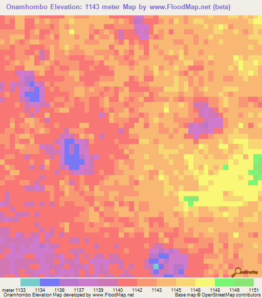 Onamhombo,Namibia Elevation Map