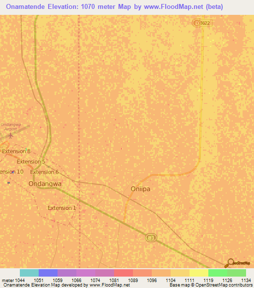 Onamatende,Namibia Elevation Map