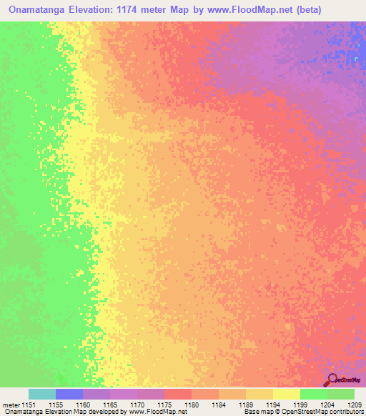 Onamatanga,Namibia Elevation Map