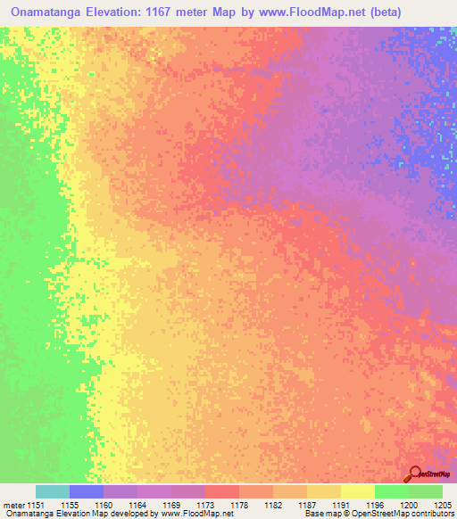 Onamatanga,Namibia Elevation Map