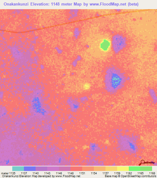 Onakankunzi,Namibia Elevation Map