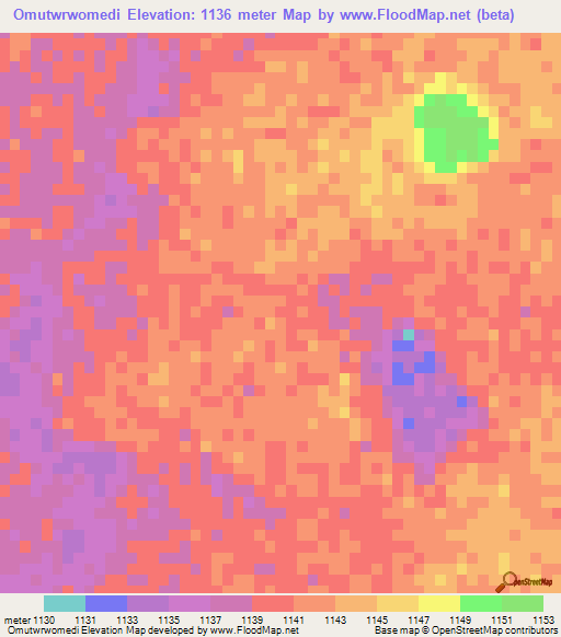 Omutwrwomedi,Namibia Elevation Map
