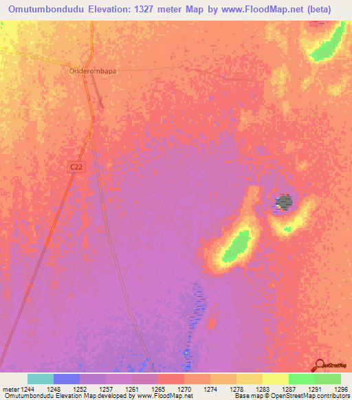 Omutumbondudu,Namibia Elevation Map