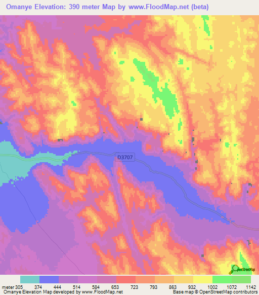 Omanye,Namibia Elevation Map