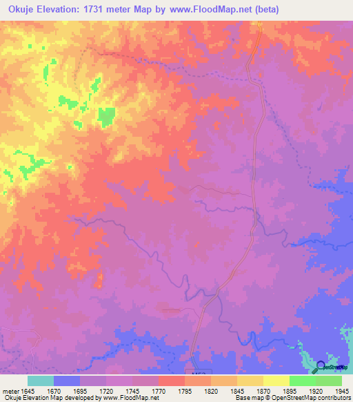 Okuje,Namibia Elevation Map