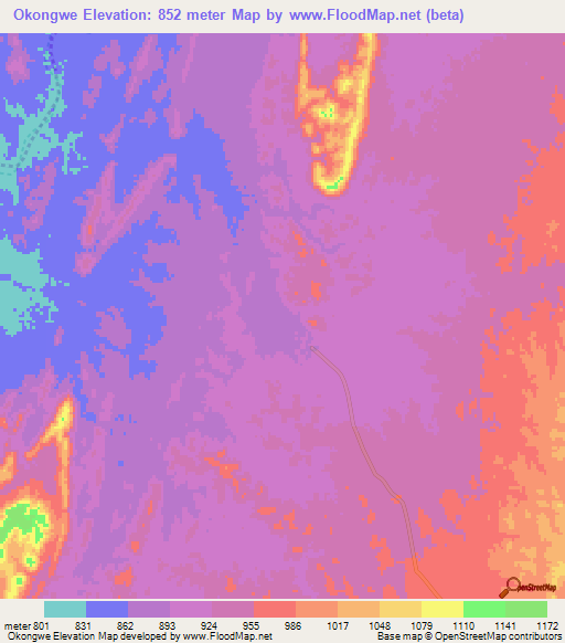Okongwe,Namibia Elevation Map