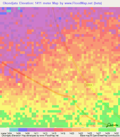 Okondjatu,Namibia Elevation Map