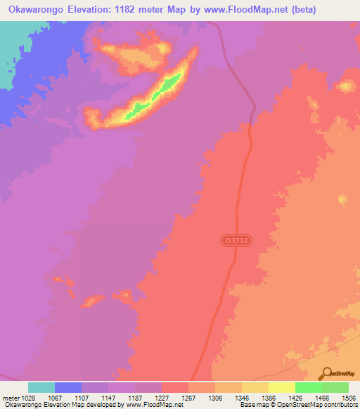 Okawarongo,Namibia Elevation Map