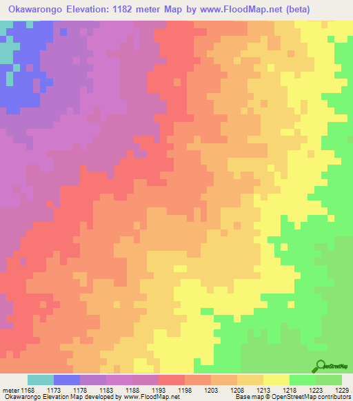 Okawarongo,Namibia Elevation Map