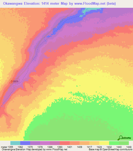 Okawangwa,Namibia Elevation Map