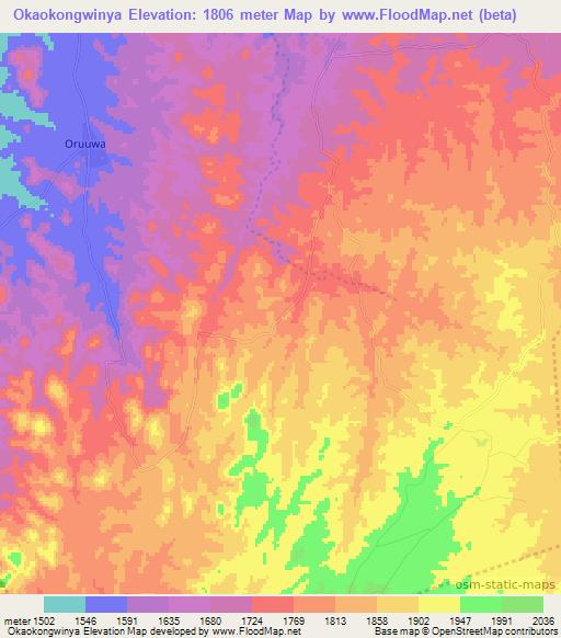 Okaokongwinya,Namibia Elevation Map