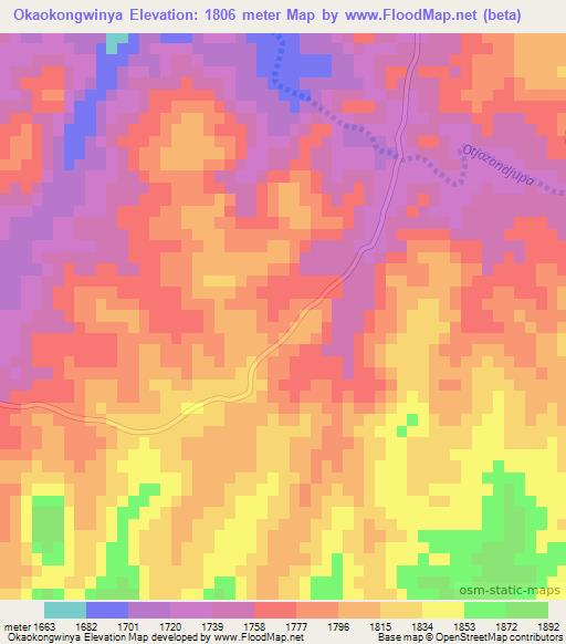 Okaokongwinya,Namibia Elevation Map