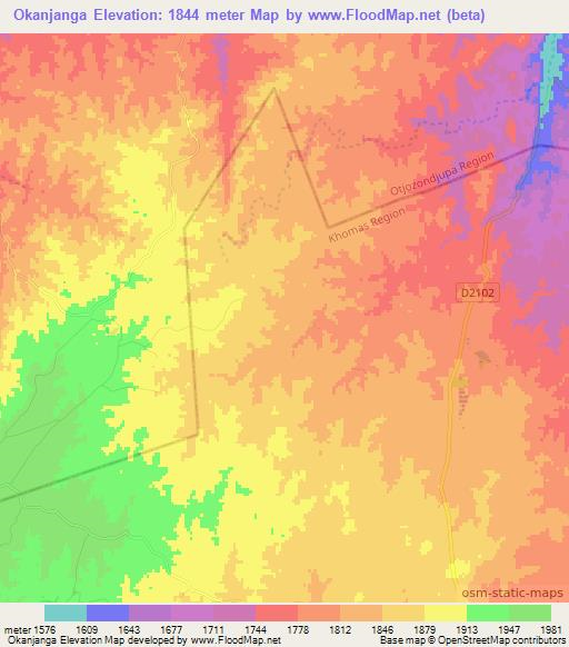 Okanjanga,Namibia Elevation Map