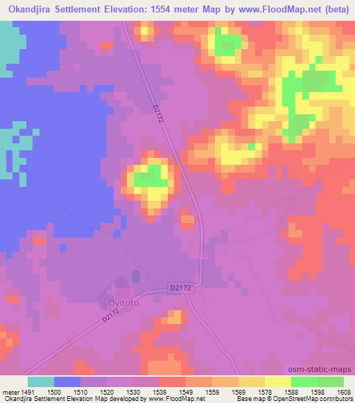 Okandjira Settlement,Namibia Elevation Map